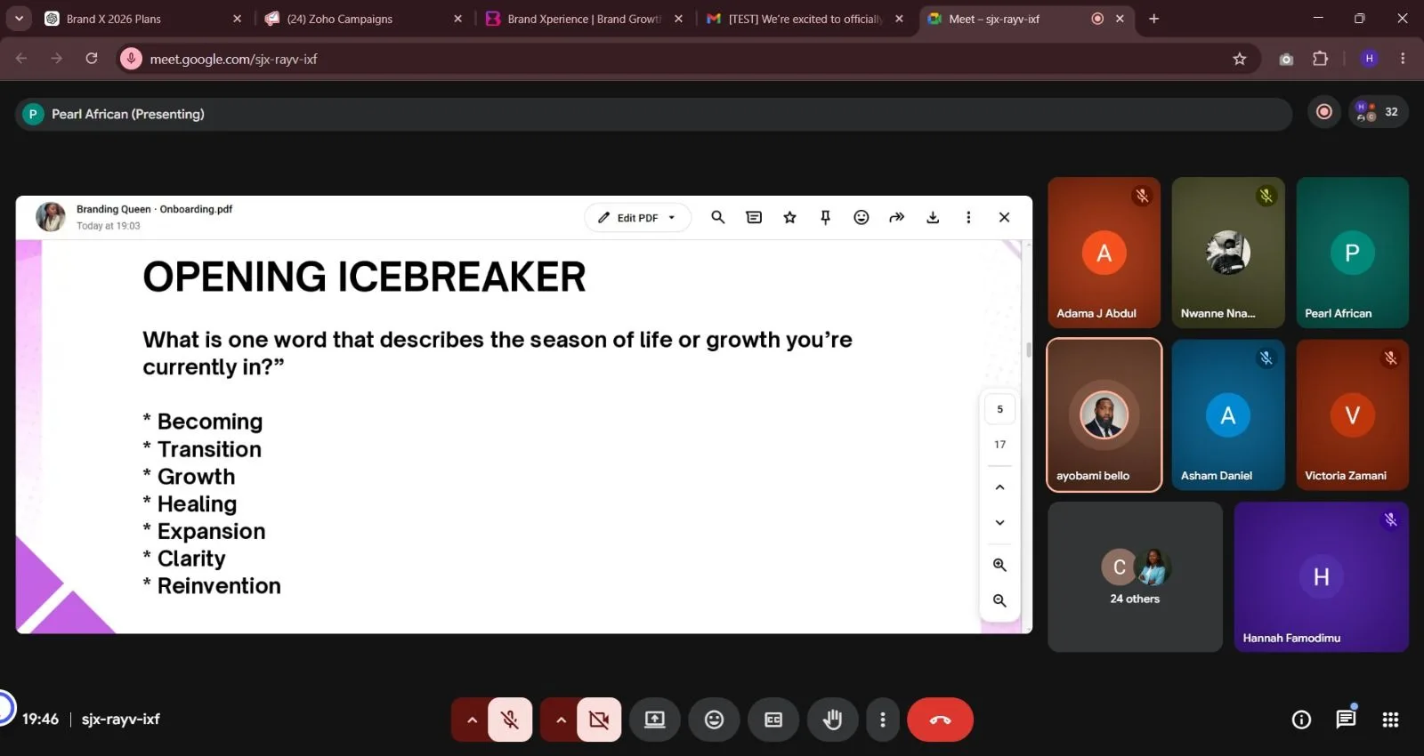 BrandUp cohort onboarding on Google Meet — opening icebreaker